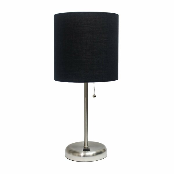 Creekwood Home Oslo 19.5in Contemporary USB Port Feature Metal Table Lamp, Brushed Steel, Black Drum Fabric Shade CWT-2012-BK